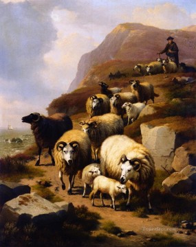 Sheep Shepherd Painting - shepherd seaside on hill